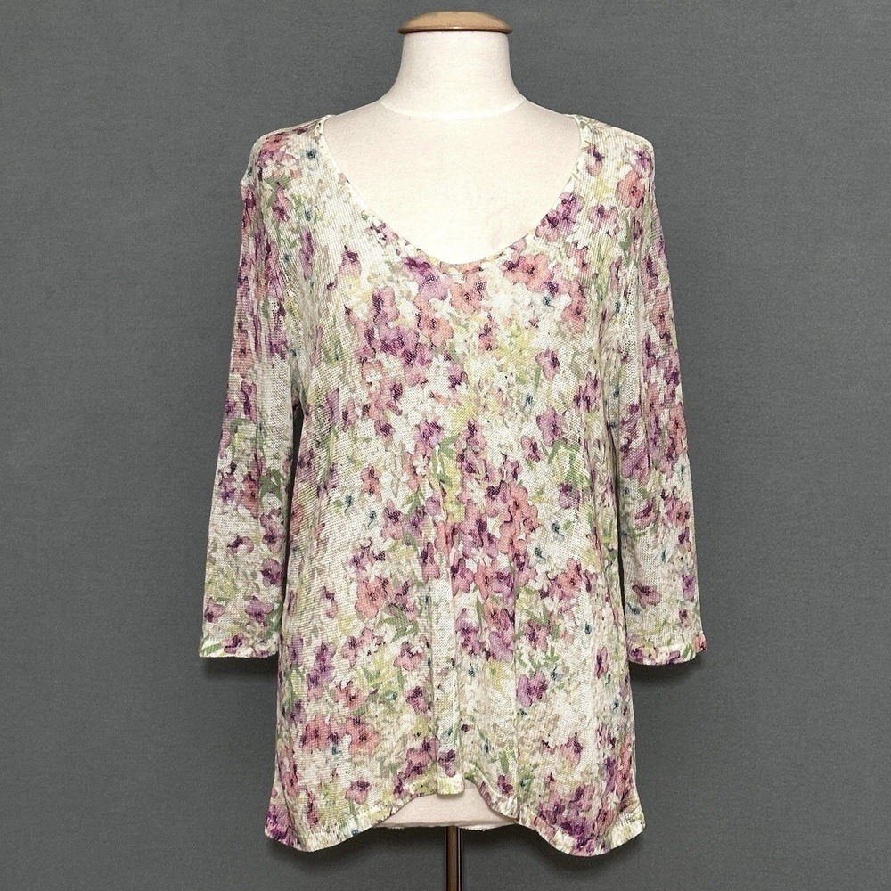 J Jill Womens Sweater M White Pink Floral Linen Blend Airy Feminine Cottagecore